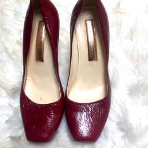 Red square toe Rupert Sanderson pumps